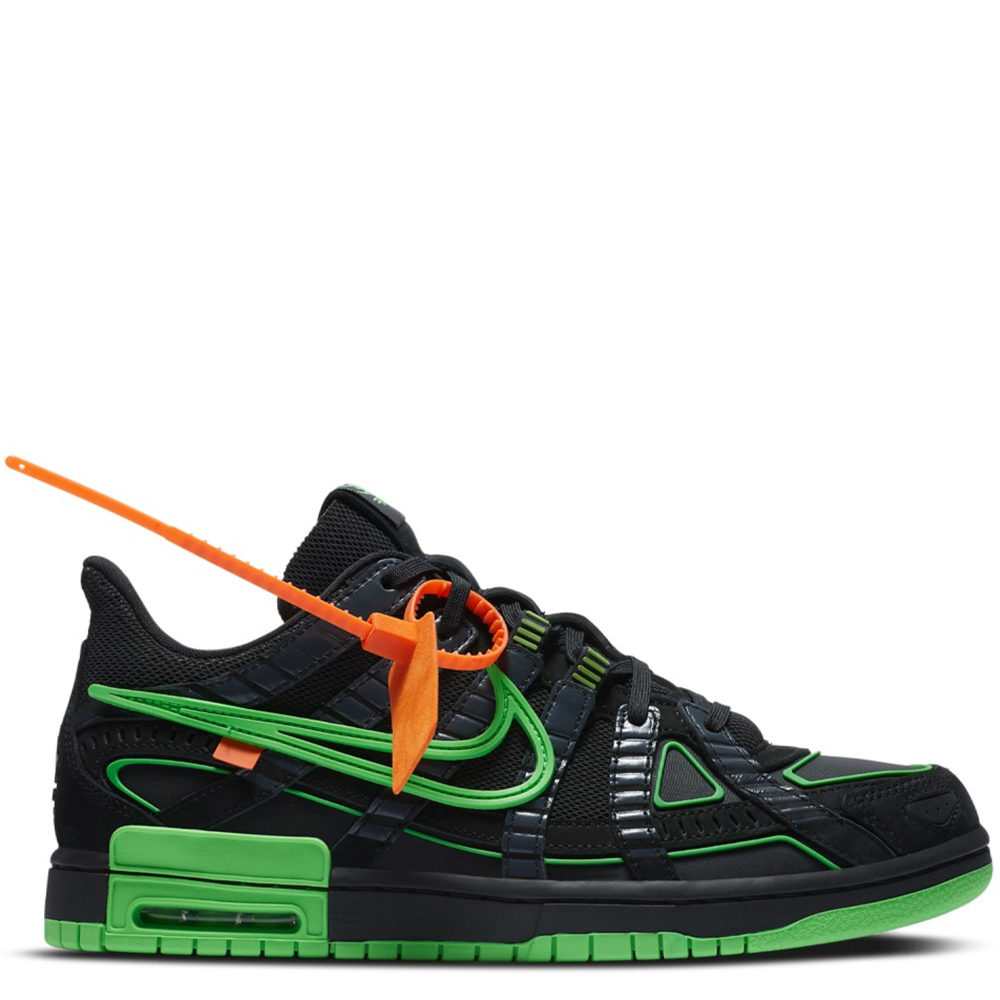 Size 6c, Nike Air Rubber Dunk x off-white Black/green strike